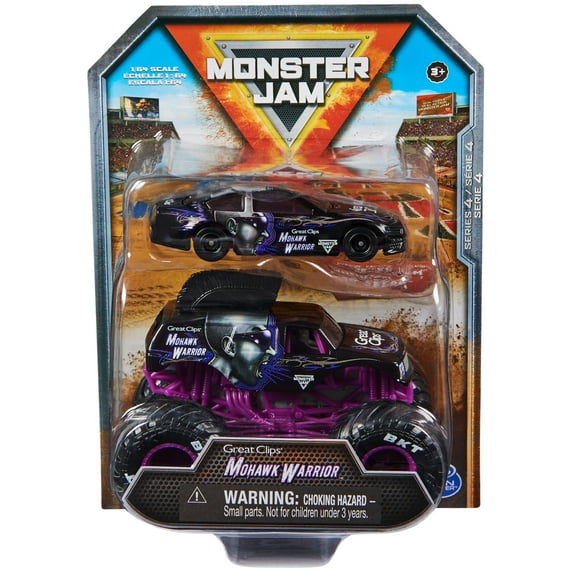 Monster Jam, Official Mohawk Warrior Exclusive Racecar and Monster Truck 2-Pack, Die-Cast 1:64 Scale, Kids Toys for Boys Ages 3 and up