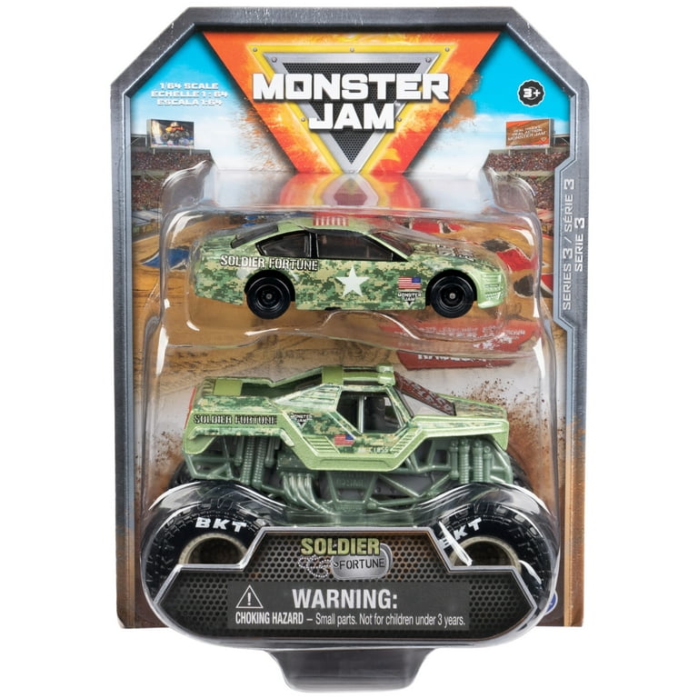Monster Jam, Official Solider Fortune Monster Truck and Race Car in 1:64  Scale, Kids Toys for Boys and Girls Ages 3 and up