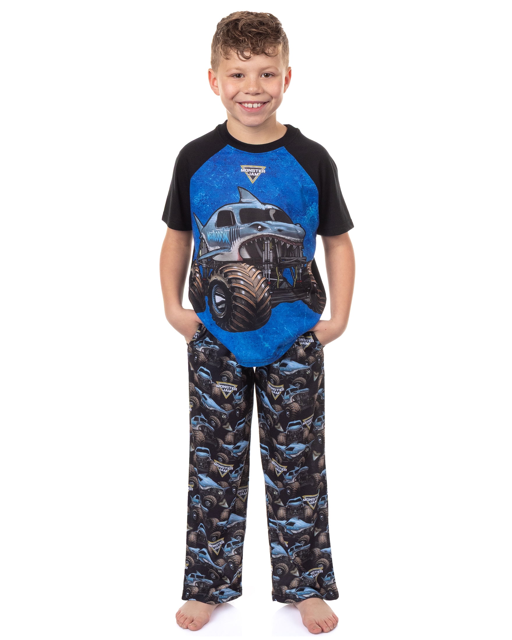 Monster Jam Pajamas Boys' Megalodon Raglan Short Sleeve and Pants Sleep ...