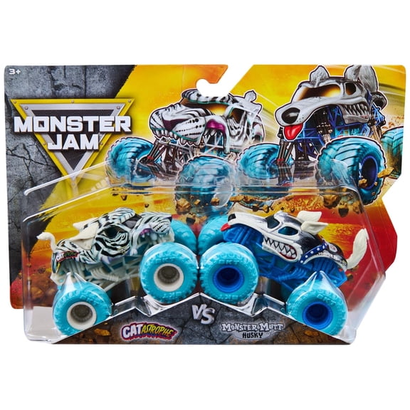 Monster Jam Series 35 CATastrophe vs Monster Mutt Husky 1:64 Scale Die-Cast 2-Pack Trucks 2026 with Official BKT Tires Ages 3+