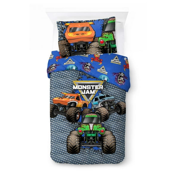 Monster Jam Smash & Mash Kids Multicolor 2 Piece Reversible Comforter and Pillowcase Bedding Set, Twin/Full