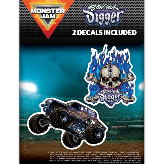 Monster Jam Son-Uva Digger Decals - Set of 2 Monster Truck and Skull Logo Vinyl Stickers for Car, Water Bottle, Laptop, Luggage, Toy Truck