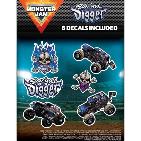 Monster Jam Son-Uva Digger Decals - Set of 6 Monster Truck Logo and Skull Icon Vinyl Stickers for Car, Water Bottle, Laptop, Luggage, Toy Truck