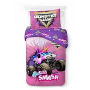 Monster Jam Sparkle Smash 2-Piece Twin/Full Reversible Comforter Set, Polyester Microfiber, Pink & Purple, Feld Entertainment