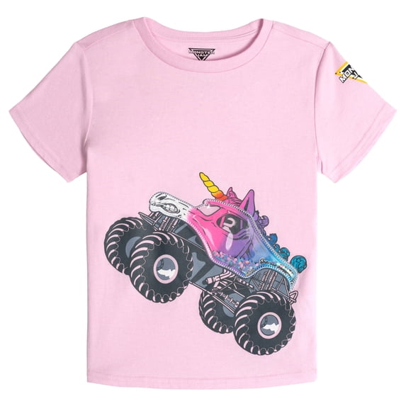 Monster Jam Little Girls' Novelty 3D Graphic T-Shirt Pink Sparkle Smash