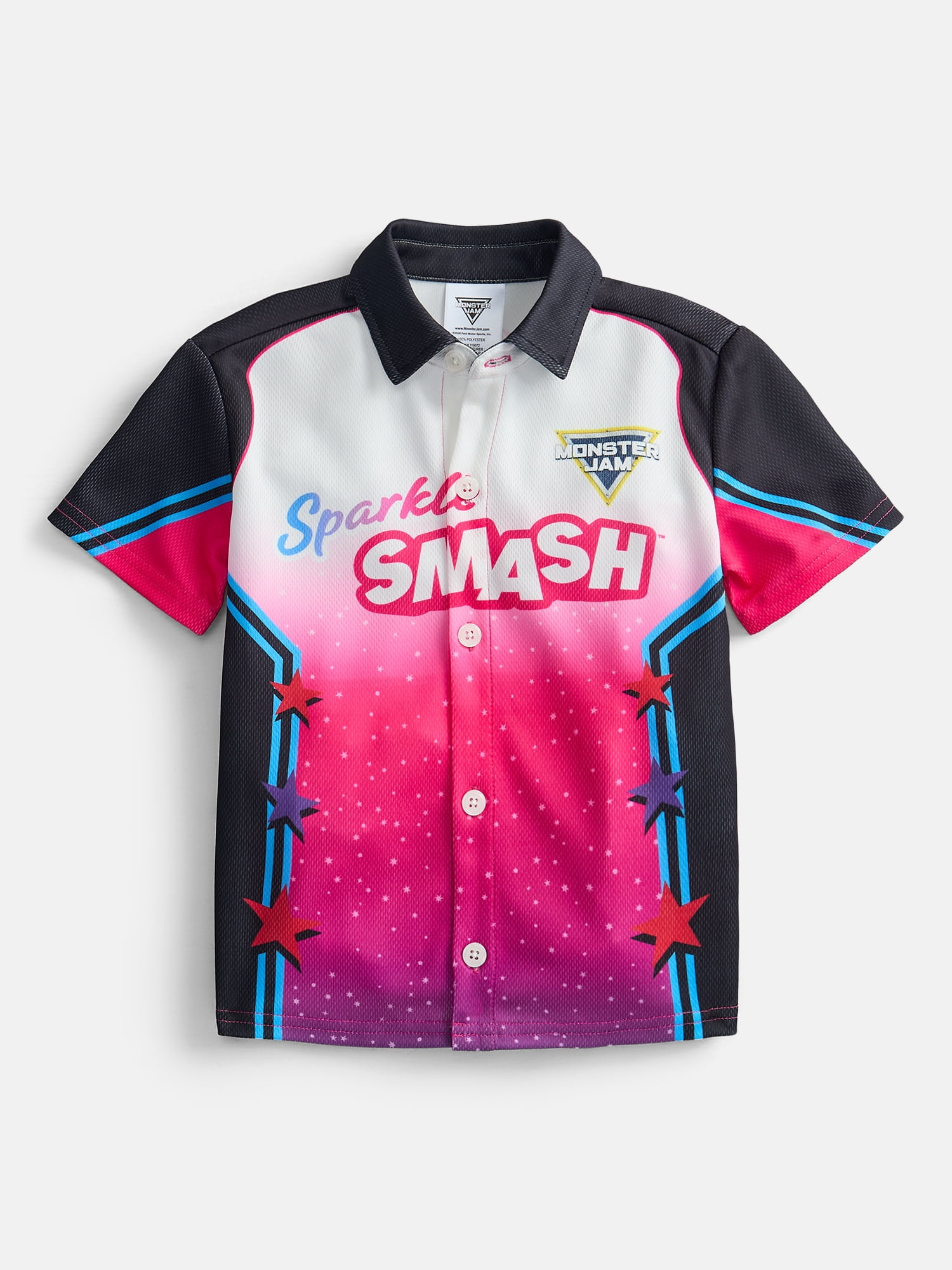 Monster Jam Sparkle Smash Toddler Boys Button Front Shirt with Short Sleeves, Sizes 12M-5T