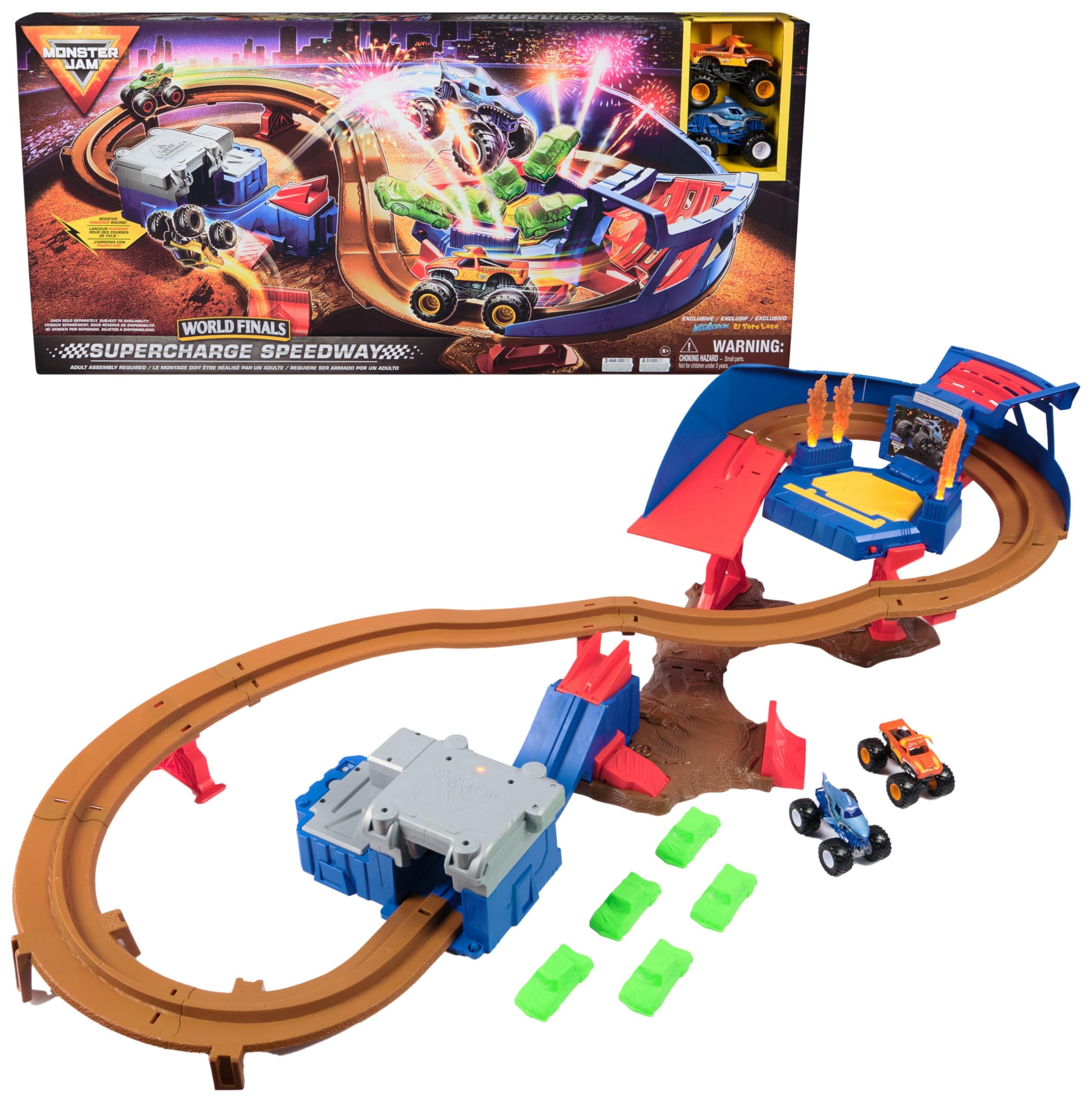 Monster Jam, Supercharge Speedway Playset, Megalodon and El Toro Loco Die-Cast Monster Trucks, Light Up World Finals Track Kids Toys for Boys Ages 3+ Red