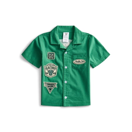 Monster Jam Toddler Boys Short Sleeve Cotton Button Down Work Shirt with Patches, Sizes 12M-5T