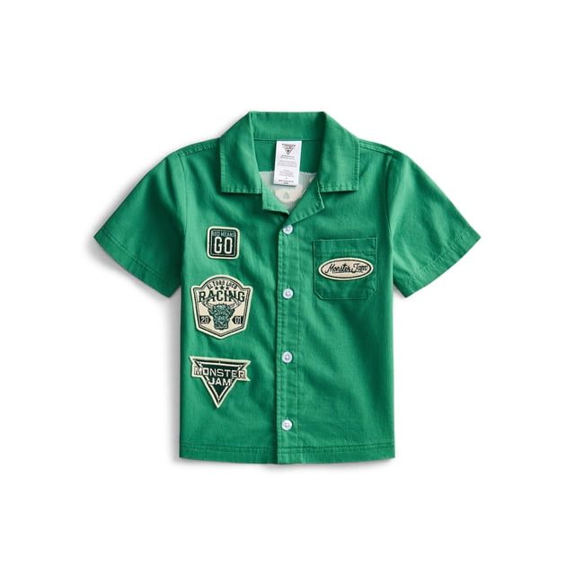 Monster Jam Toddler Boys Short Sleeve Cotton Button Down Work Shirt with Patches, Sizes 12M-5T