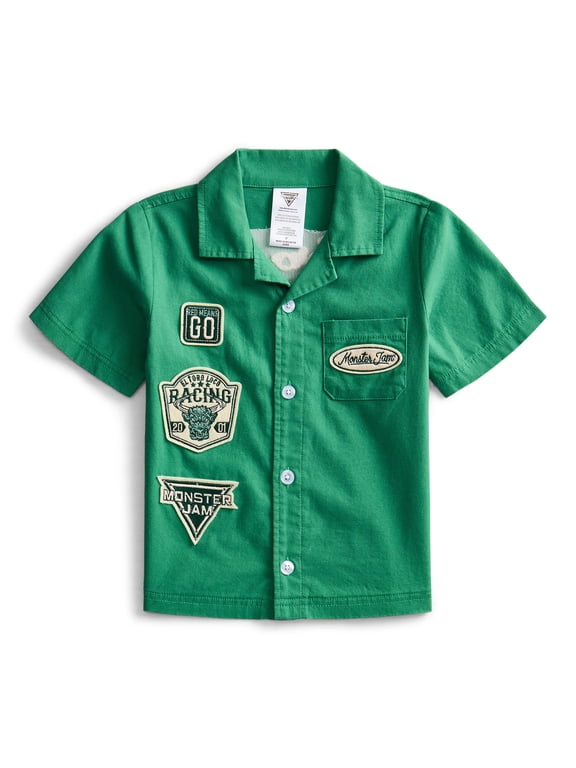 Toddler Boys Short Sleeve Cotton Button Down Work Shirt with Patches, Sizes 12M-5T