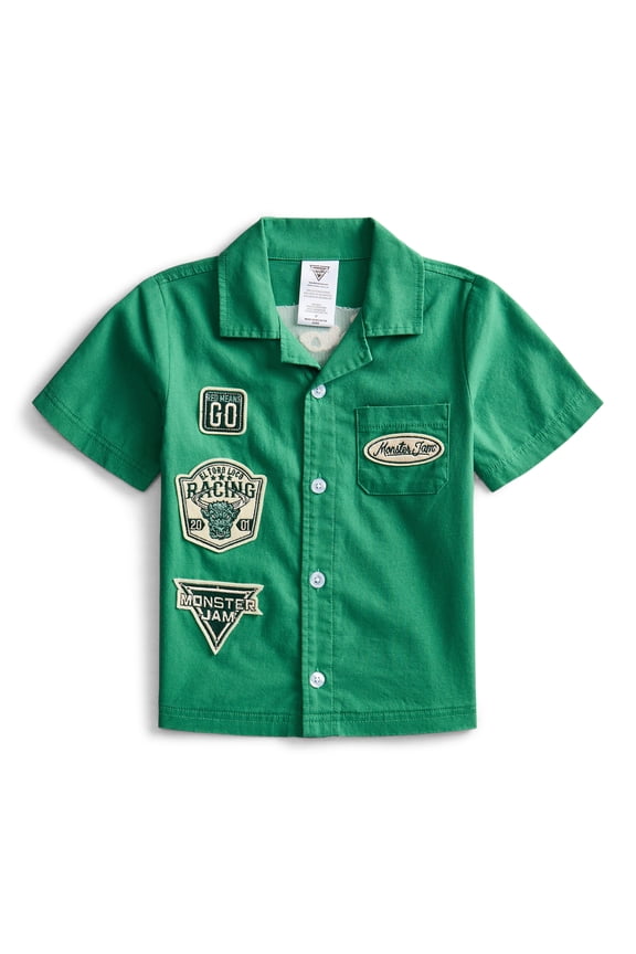 Toddler Boys Short Sleeve Cotton Button Down Work Shirt with Patches, Sizes 12M-5T