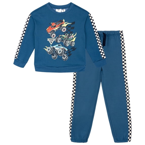 Monster Jam Toddler Boys' Fleece 2-Piece Sweatshirt and Pants Set Checkered Blue