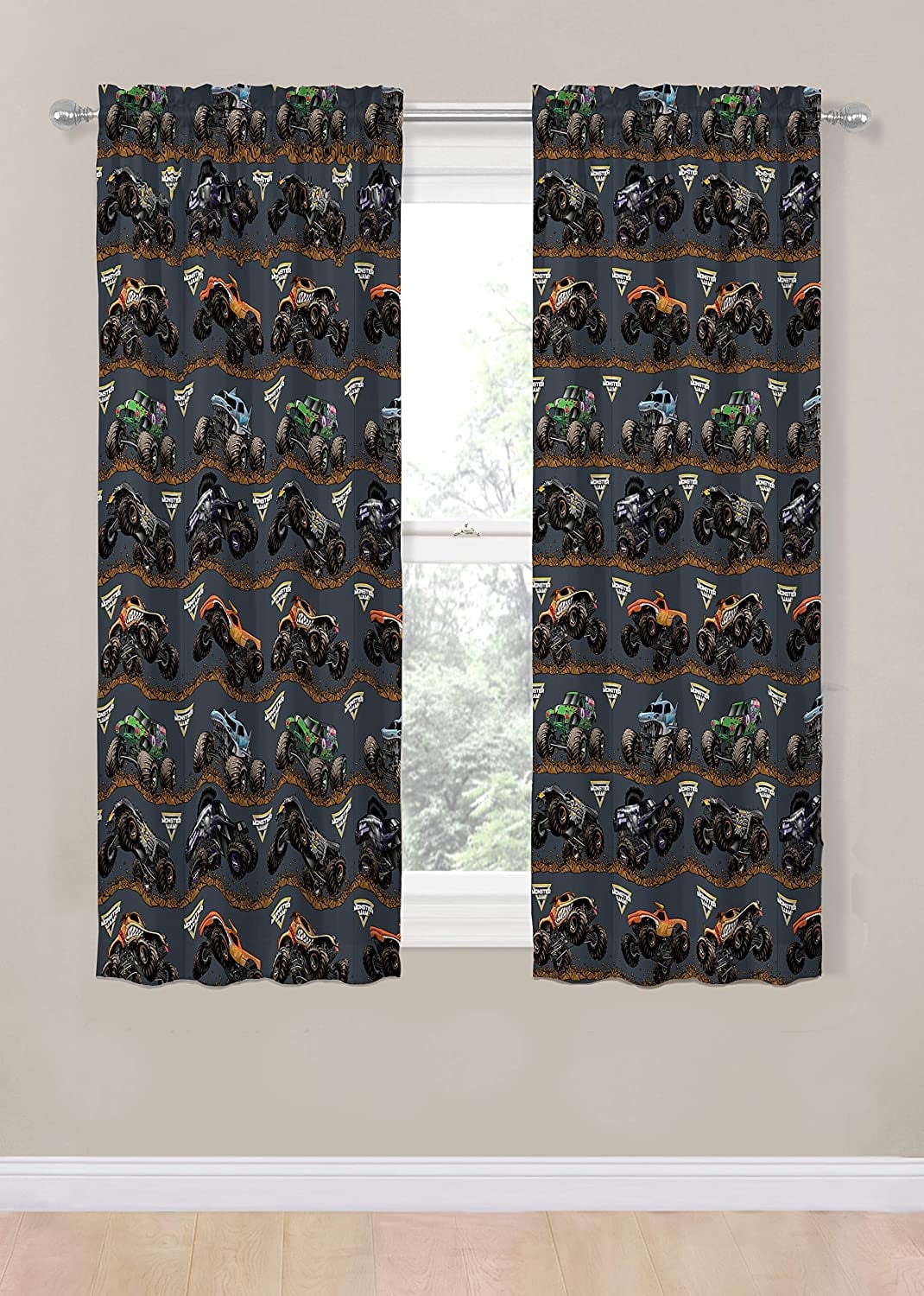 Monster Jam Tracks 2 Panels Drapes Set - 63 Inch Long - Monster Trucks Home Accessories
