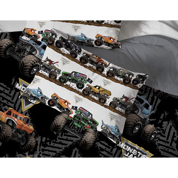 Monster Jam Tracks 5 Piece Full Bed Set - Includes Comforter & Sheet Set - Bedding Features Grave Digger &,Megalodon - Super Soft Fade Resistant Microfiber (Official Monster Jam Product)