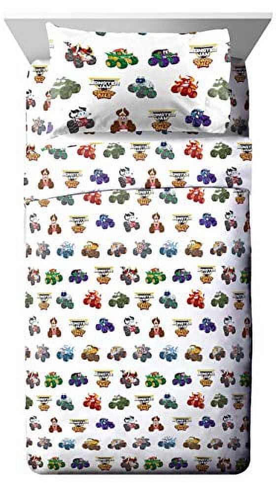 Monster Jam Truckin Palz 5 Piece Twin Bed Set, 100 Microfiber, White