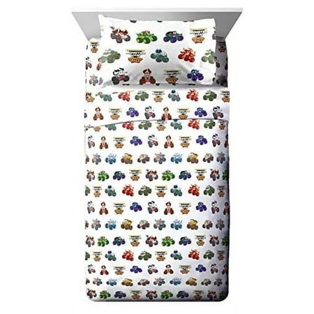 Monster Jam Truckin Palz 5 Piece Twin Bed Set, 100% Microfiber, White, Kids Bedding