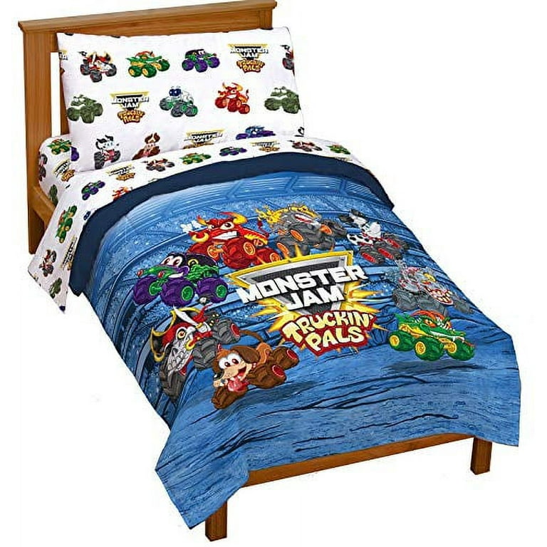 Monster Jam Truckin Palz Blue 4 Piece Toddler Bed Set Comforter Sheets for Kids Bedroom Walmart