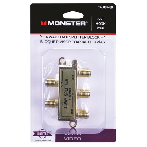 Monster Cable 4 Way Coax Splitter 75 Ohm 900 Mhz Carded