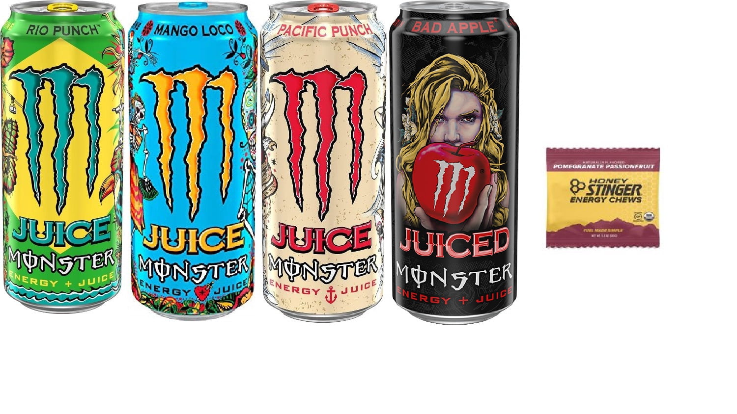 Monster Juiced Energy Drink Variety Pack: Rio Punch, Bad Apple, Pacific Punch, Mango Loco (Pack of 16) + Stinger Energy Chews