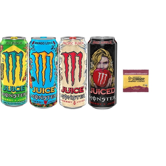 Monster Juiced Energy Drink Variety Pack: Rio Punch, Bad Apple, Pacific Punch, Mango Loco (Pack of 16) + Stinger Energy Chews