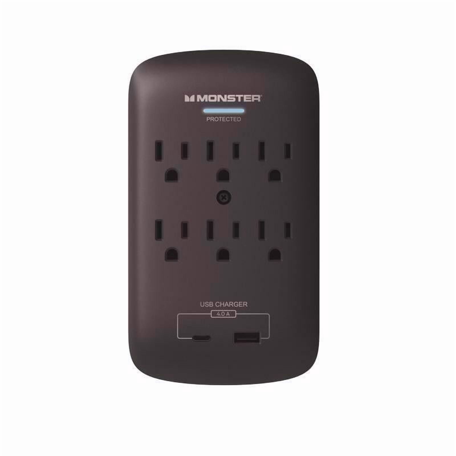 Monster Just Power It Up 3014272 6 Outlets Wall Tap Surge Protector with USB - Black - 1200 J