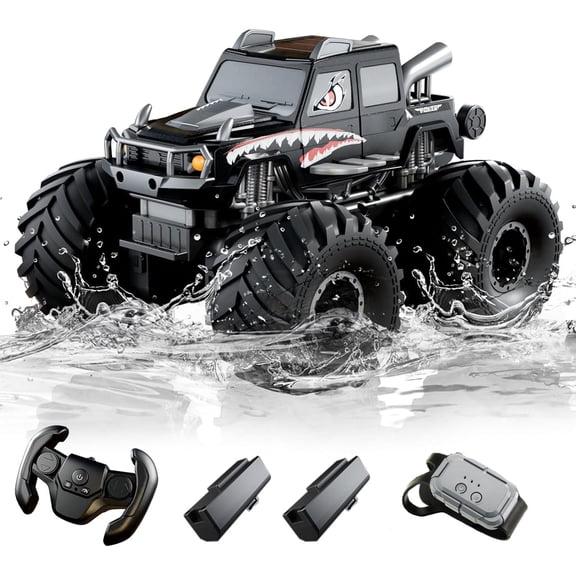 Monster King 4WD Amphibious RC Car with 2 Batteries,Dual Control Modes (Steering Wheel & Wrist Watch), Waterproof Remote Control Monster Truck, All-Terrain Toy for Boys/Girls