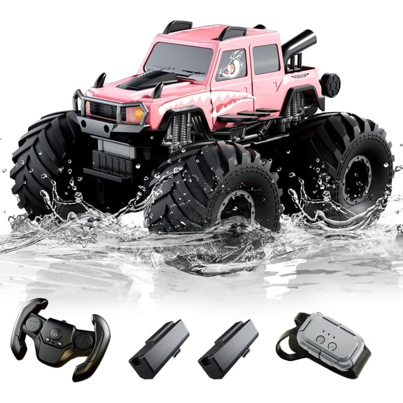 Monster King 4WD Amphibious RC Car with 2 Batteries,Dual Control Modes (Steering Wheel & Wrist Watch), Waterproof Remote Control Monster Truck, All-Terrain Toy for Boys/Girls