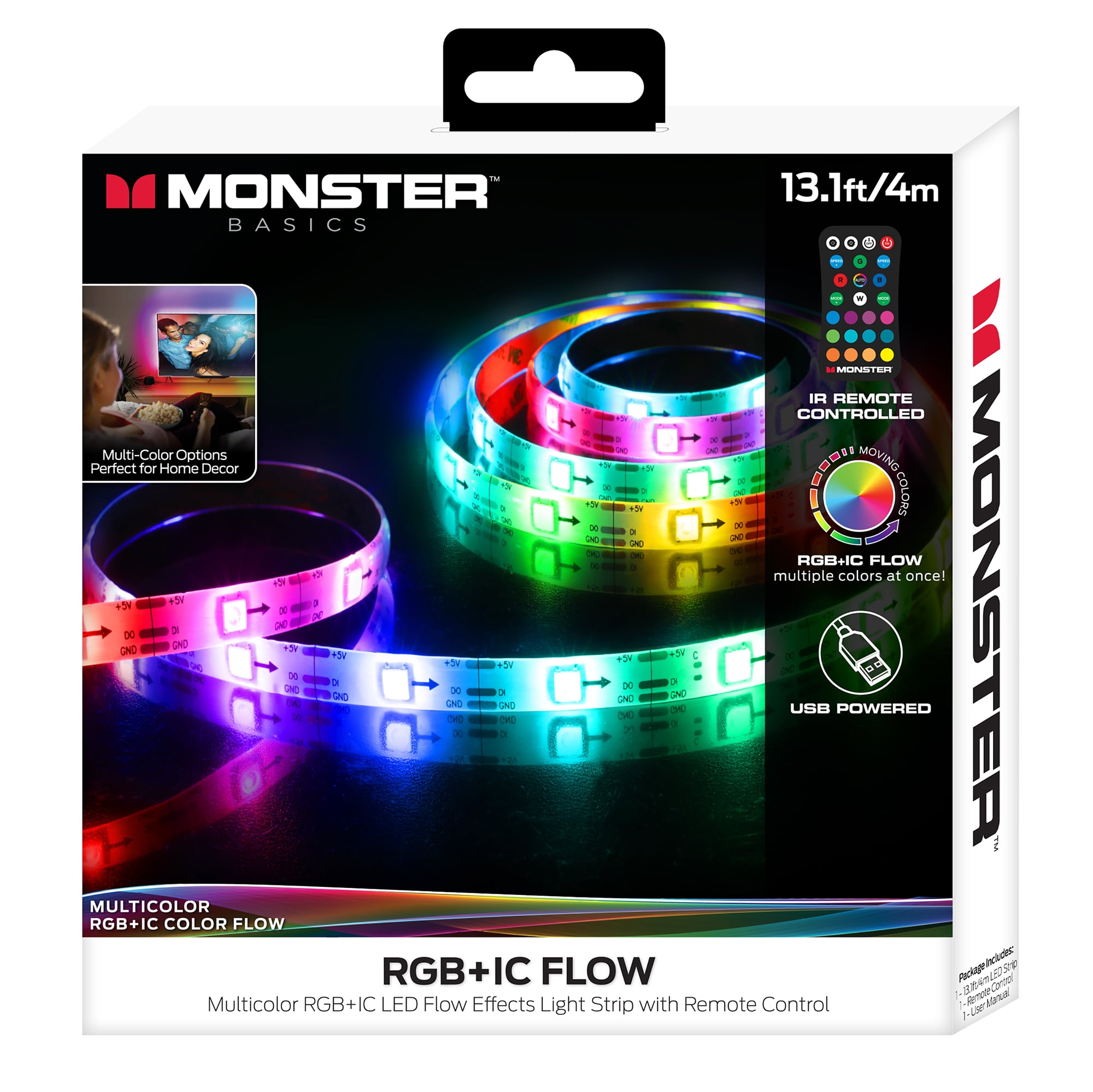 Monster LED 13ft Multi-Color Color Flow Light Strip, Customizable Indoor  Lighting, Remote Control