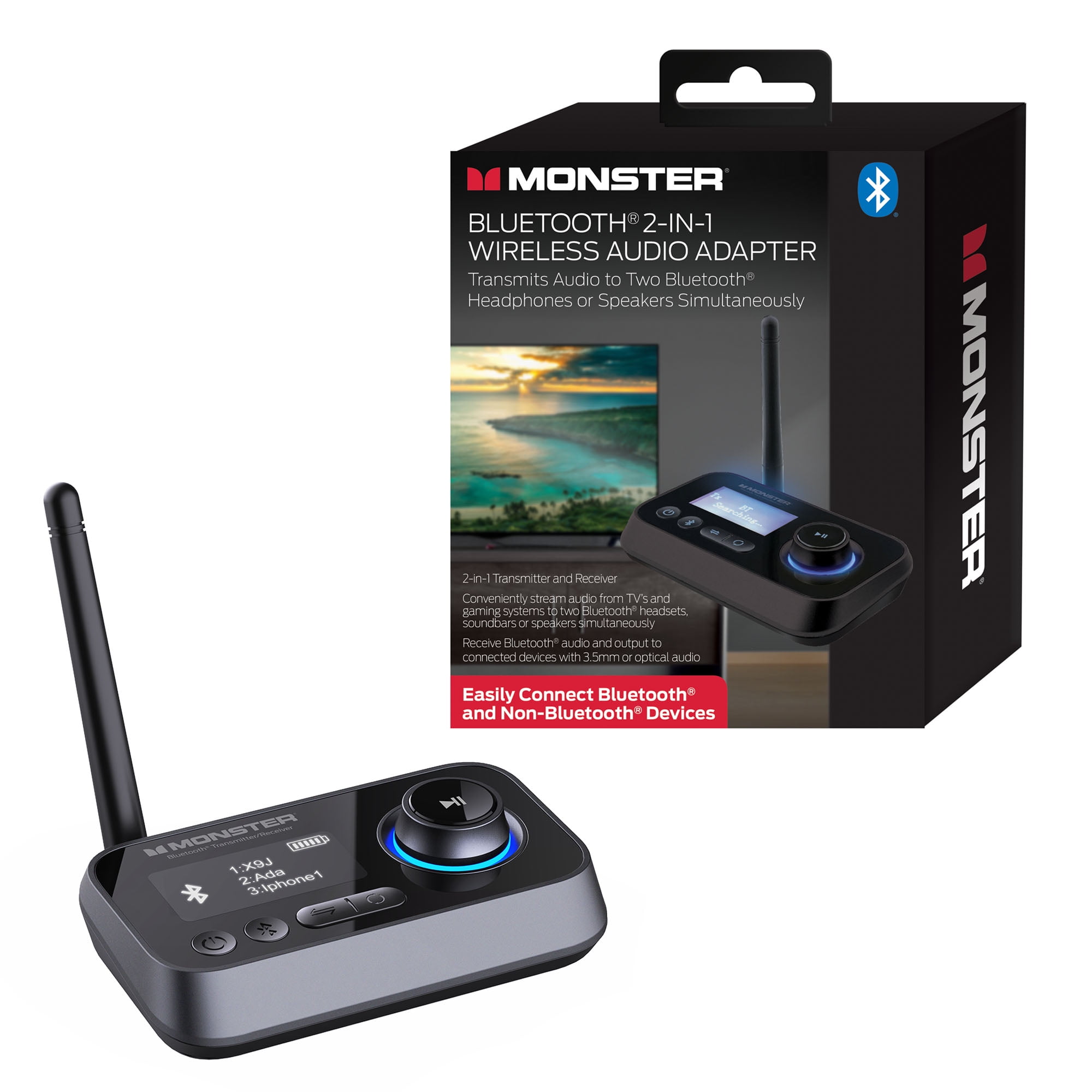 Monster LED 2 in 1 Bluetooth Wireless Audio Adapter, Transmitter Receiver, Turn Non-Bluetooth Devices Compatible, Size: One Size