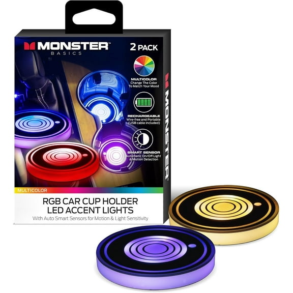 Monster Automotive Universal Car Coaster, RGB Multicolor LED Cup Holder Lights for Car, 2-Pack