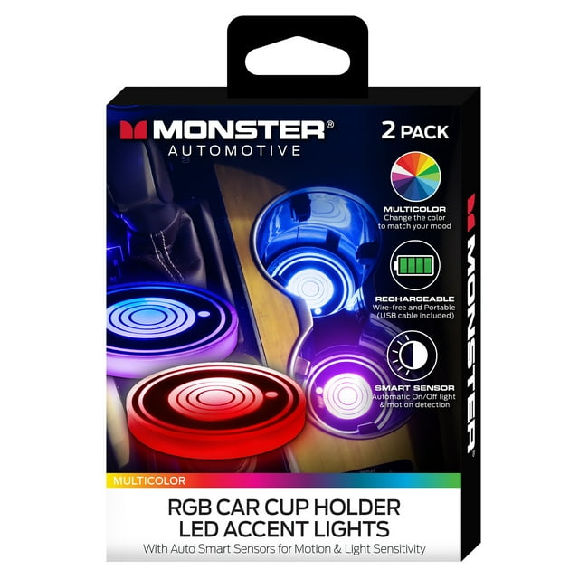Monster LED 2 Pack MultiColor LED Cup Holder Light, Universal Car