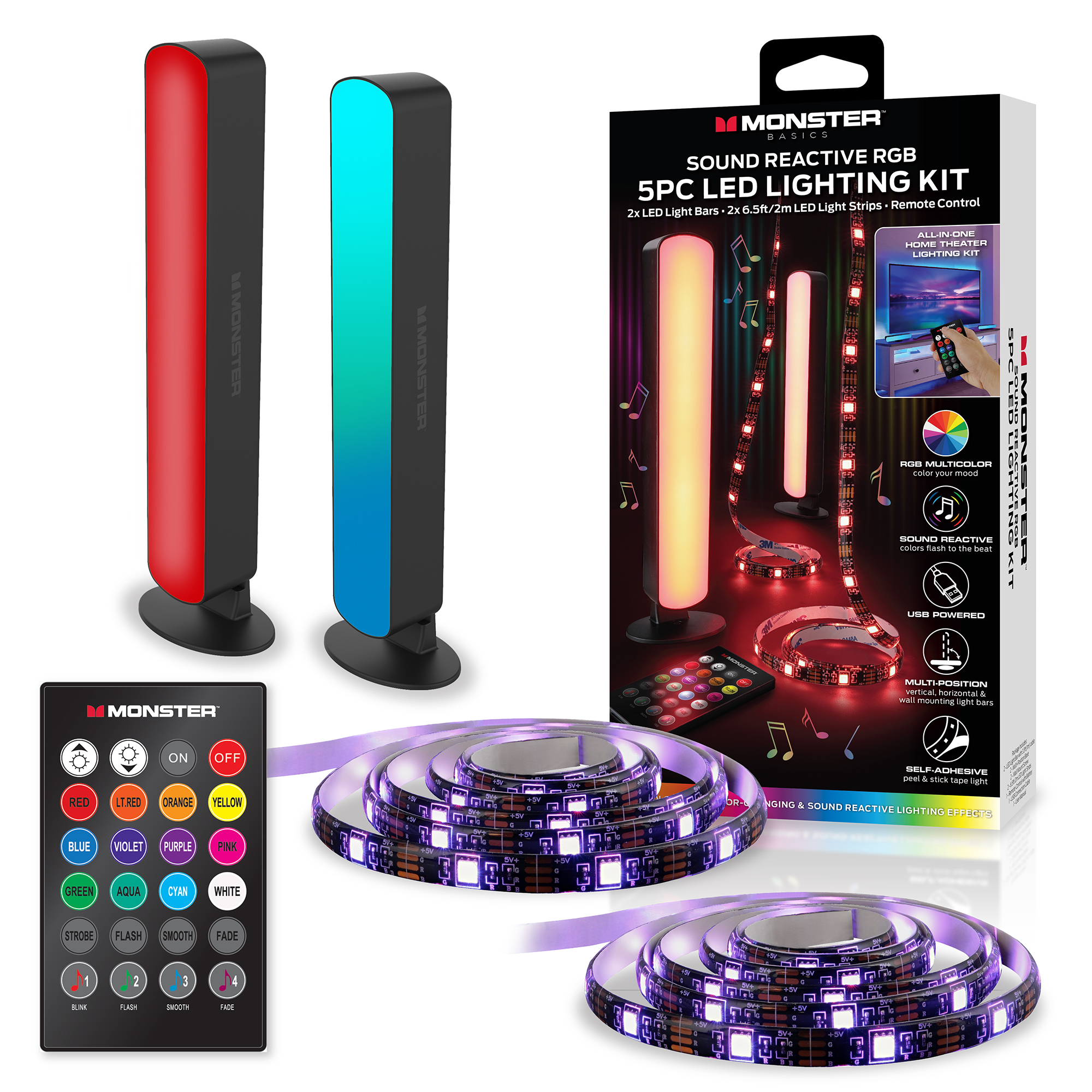 Monster LED 5 Piece  Sound Reactive Multi-color Indoor LED Light Kit, 2 Light bars, 2 Light Strips - image 1 of 8