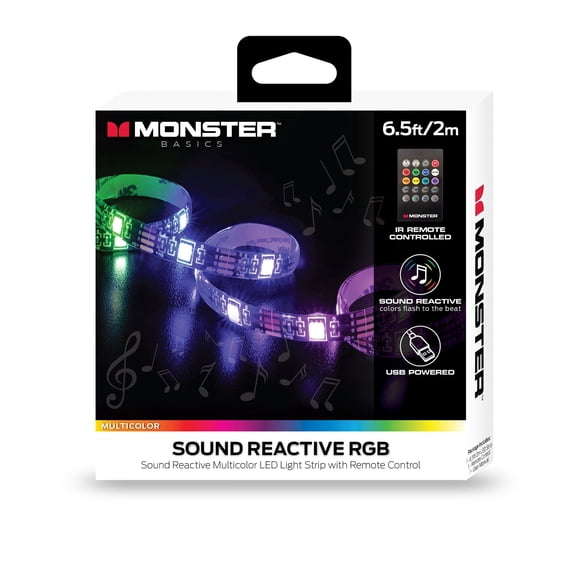 Monster LED 6.5 ft Indoor Light Strip, Sound Reactive Lights, Multi-Color, USB-Powered