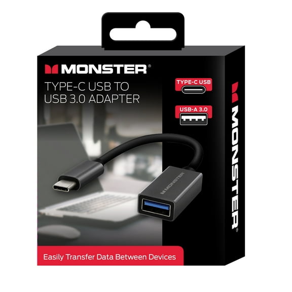 Monster 6" Flexible Type-C USB To USB-A 3.0 Adapter, Metal Housings, Indoor, Computer, Phone