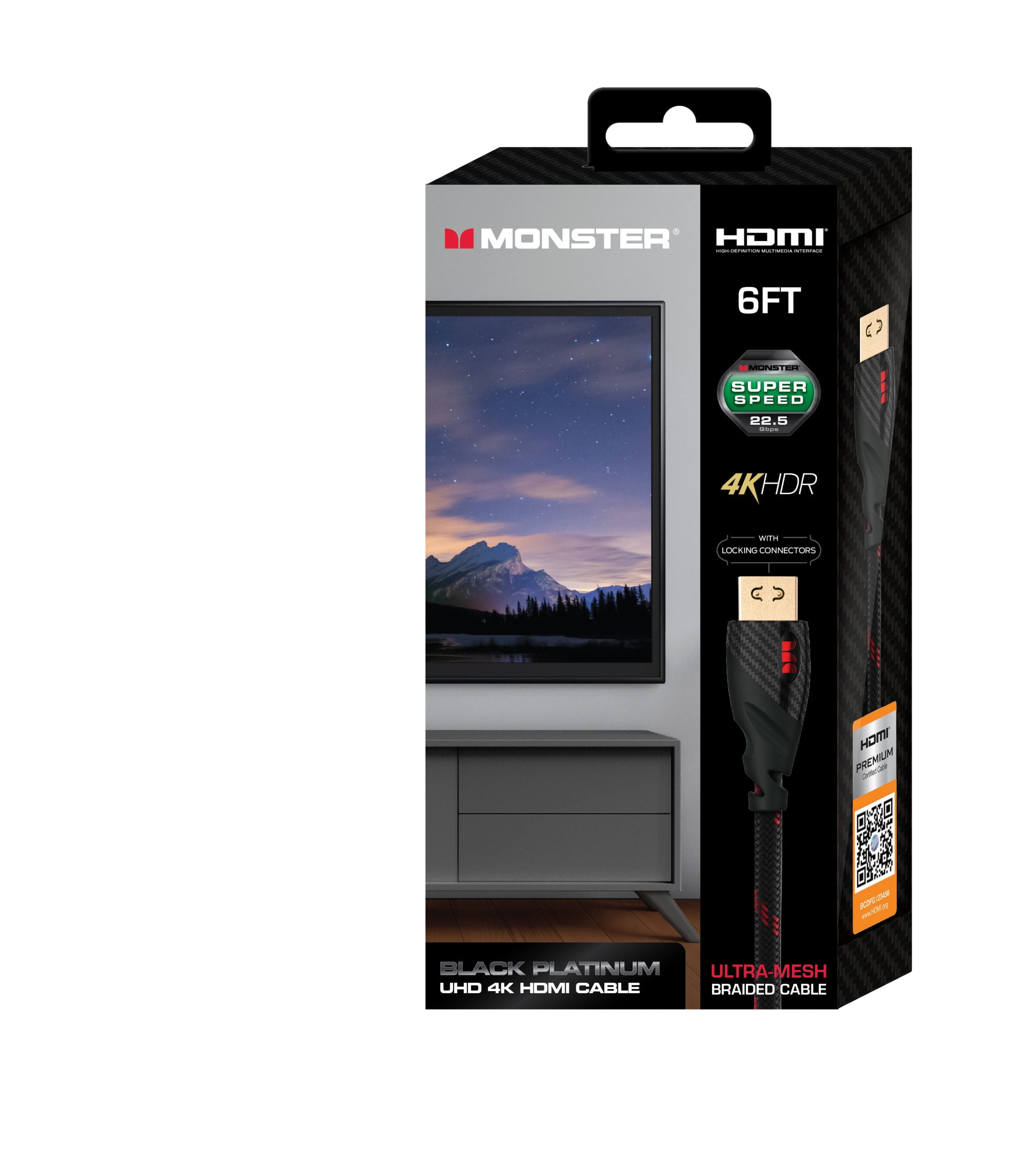 Monster LED 6ft HDMI 2.0 Carbon Cable, 4K HDR UHD Ultra Mesh, 22.5gbps