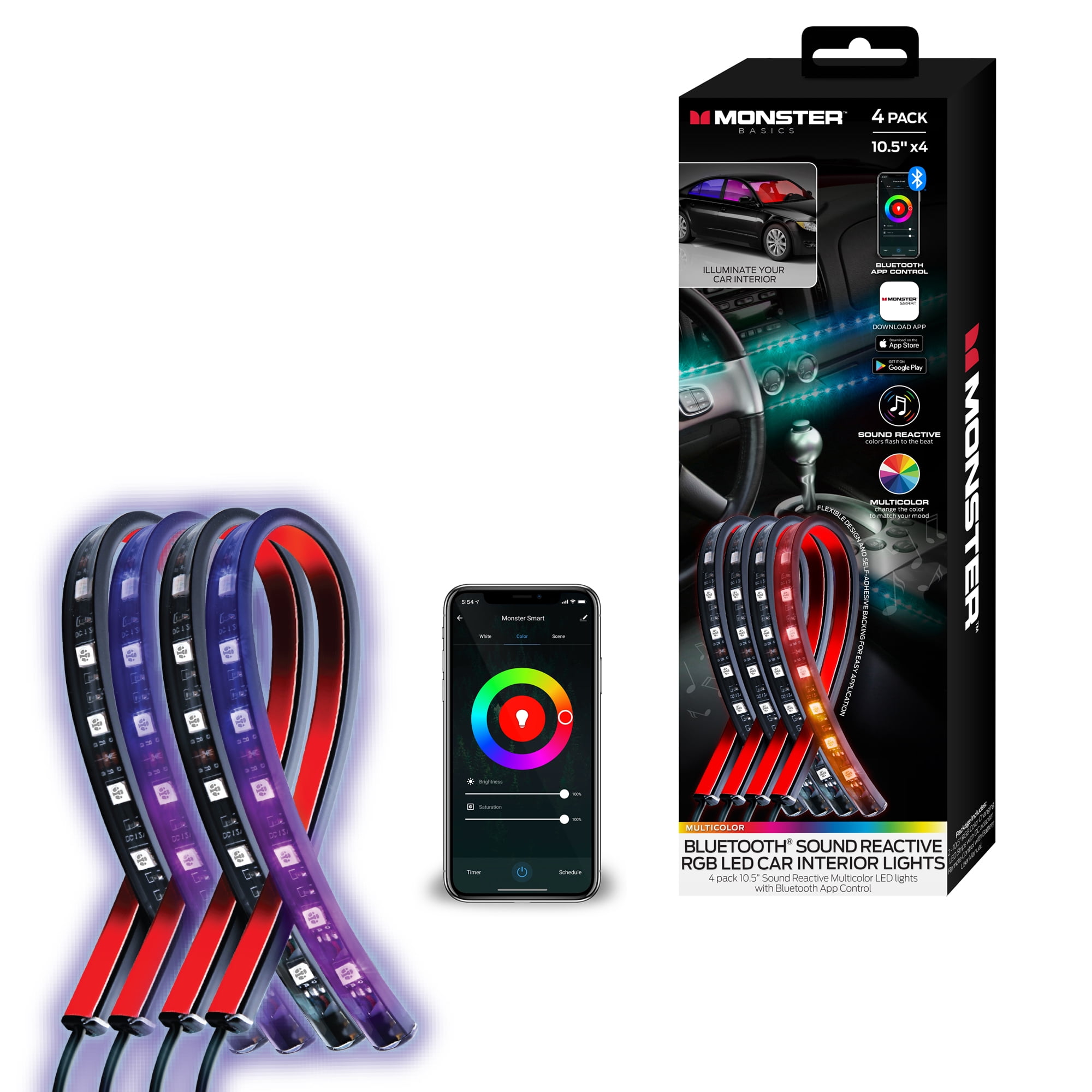 Monster LED Bluetooth Sound-Reactive Multi-Color Car Interior Lights,  Customize with App, 4-Pack of 10.5 Strips