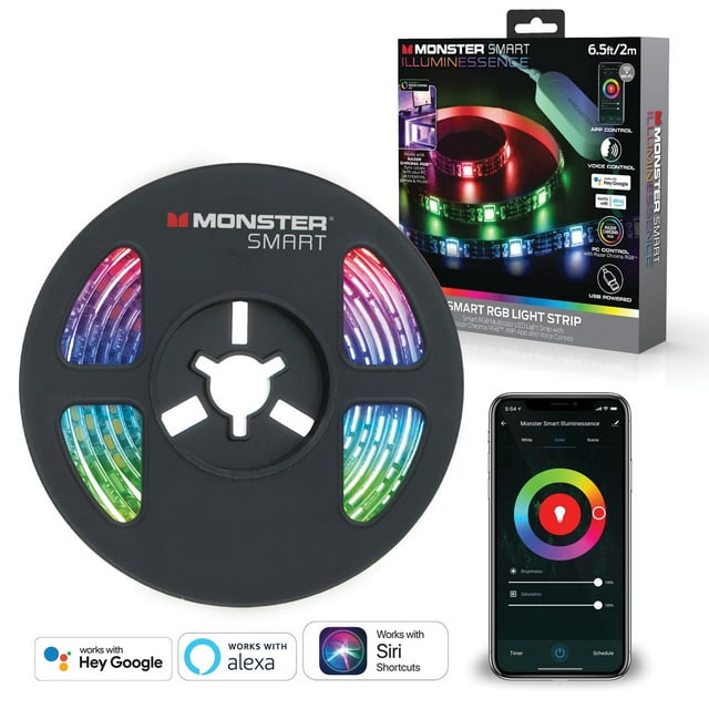 Monster LED Smart 6.5ft Multi-Color Light Strip, Mobile App & Voice Controlled, USB Plug