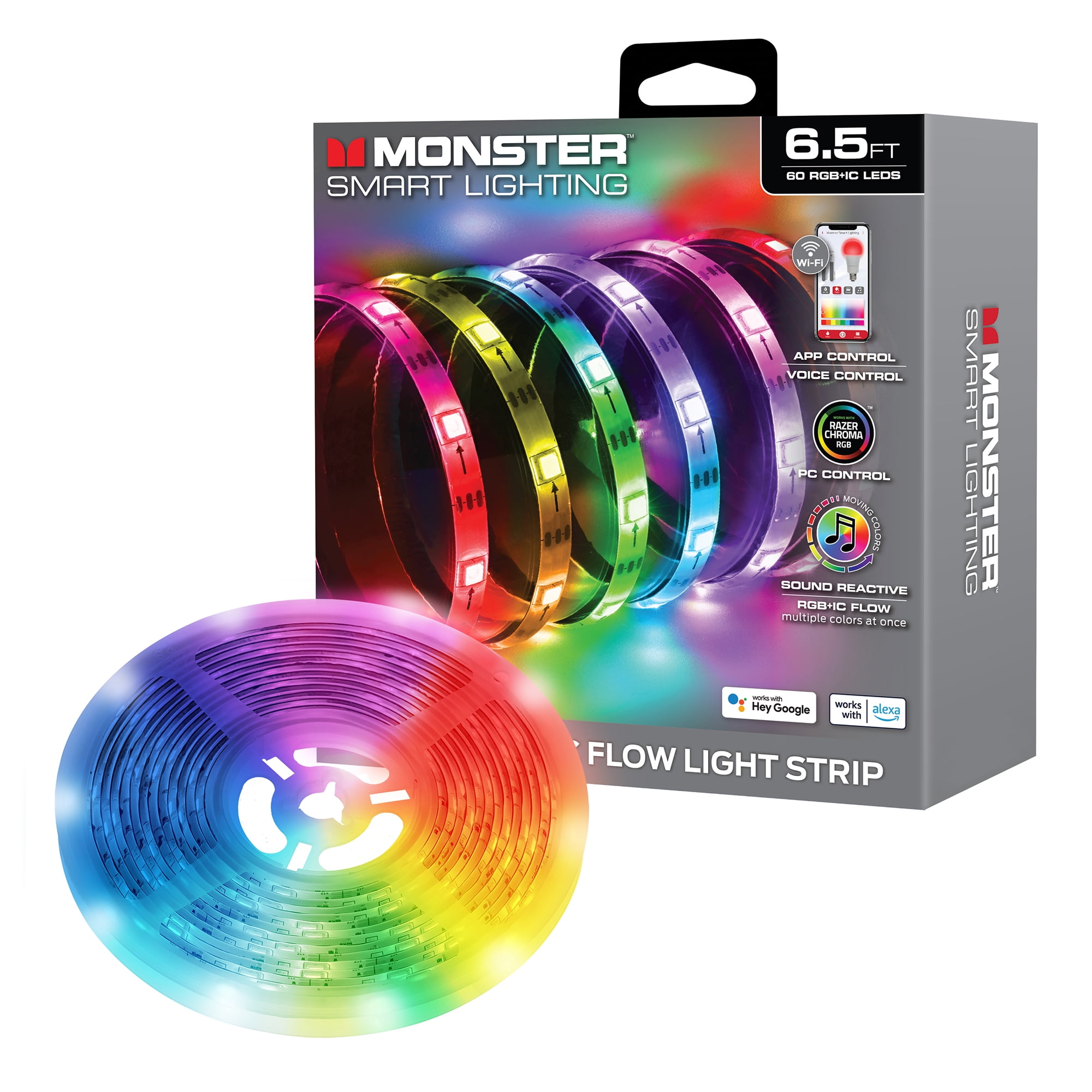 Type S Plug And Glow 24 Multi Color Light Strips Monster Smart 6.5ft Sound Reactive Indoor Multi-Color LED Light Strip