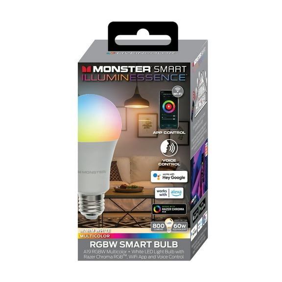 Monster LED Smart Wi-Fi Multi-Color and Warm-White LED Light Bulb, Indoor 60W, for Christmas, Halloween, Party, Gameday and More, E26, A19, 1-Pack