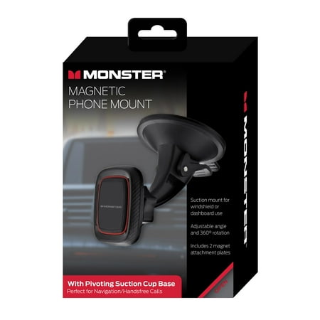 Monster Magnetic Phone Black Mount with Pivoting Suction Cup, 360 Degree, Windshield or Dashboard