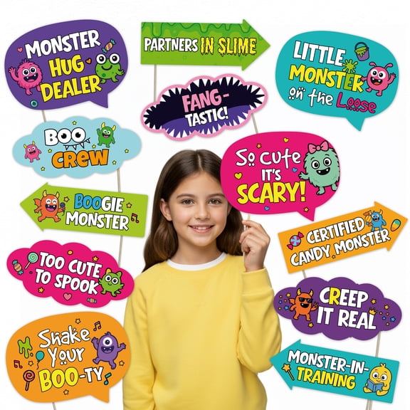 Monster Mash Party Decoration Pack 12pcs Cute Monster Photo Booth Props Kit with Sticks | Halloween Kids Selfie Props Set