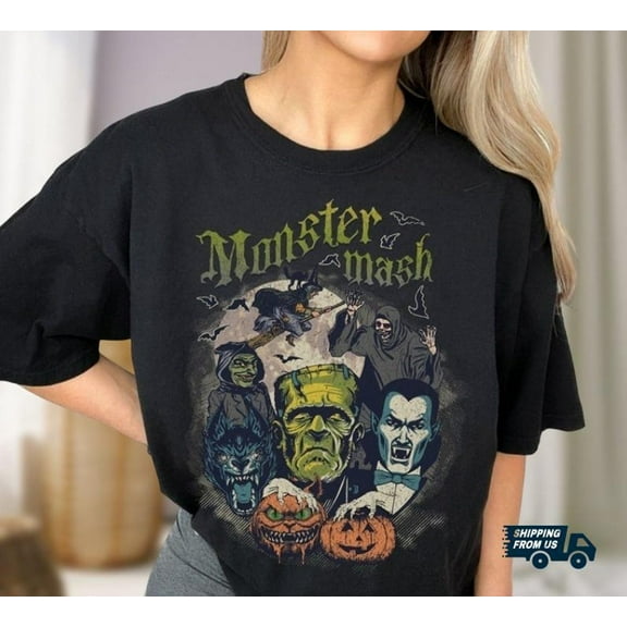 Monster Mash Shirt, Vintage Frankenstein Dracula Halloween Shirt, Horror Monster Movie Tee, Ghost Tee, Halloween Gifts,Black Color,Size M