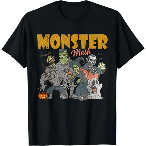 Monster Mash Vintage Ghost All Hallows Eve Funny Graphic Tee Cool Unisex T-Shirt up to Size 5XL