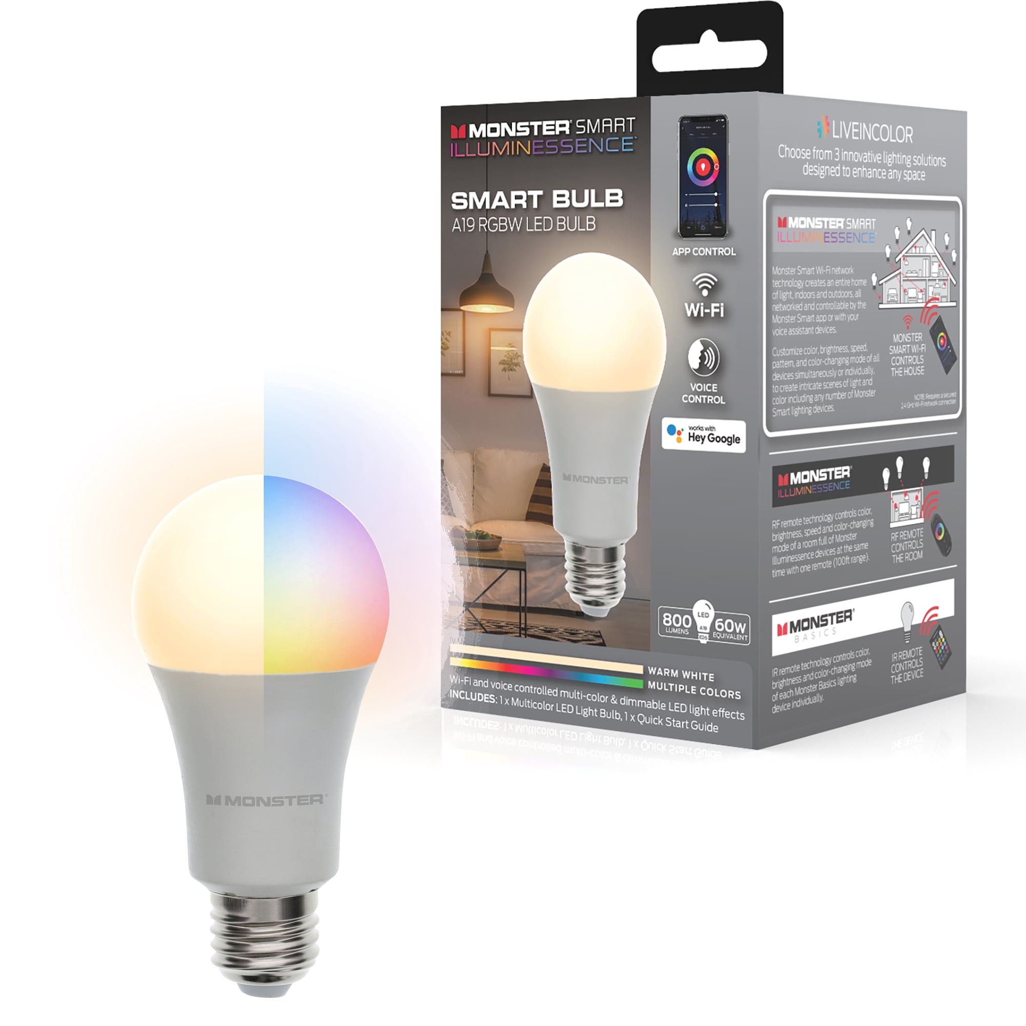 Monster Multi-Color and Warm-White Smart Light Bulb A19, 1-Pack -