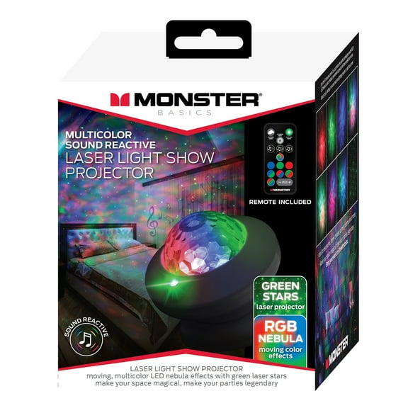 Monster Multi-color Sound-Activated LED Laser Light Show Projector, Project up to 30ft away, 4.5" mini projector, Remote Control