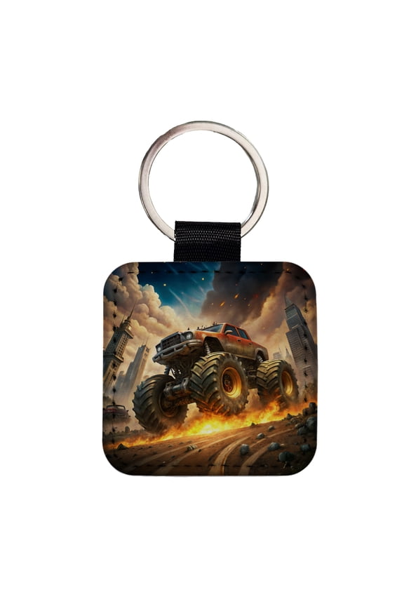 Monster Off-Road Truck Demolishing Cars Faux Leather Square Keychain