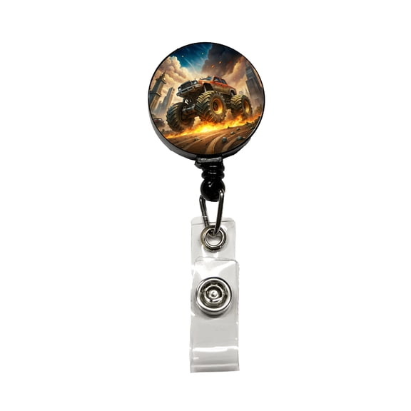 Monster Off-Road Truck Demolishing Cars Retractable Reel ID Badge Key Card Name Tag Holder with Clip