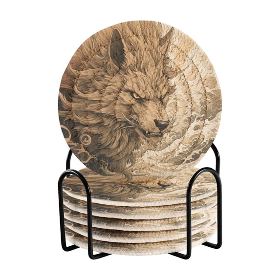 Monster Or Beast Wolf Wave 6 Pcs Drink Coasters with Holder Absorbent Coasters Woven Coasters for Drinks Table Desk Protection Home Decor