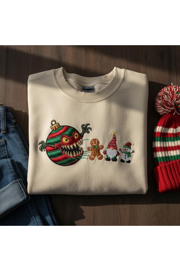 Monster Ornament Christmas Embroidered Sweatshirt, Dark Humor Gnome Gingerbread Jumper, Ugly Xmas Sweater Party Gift