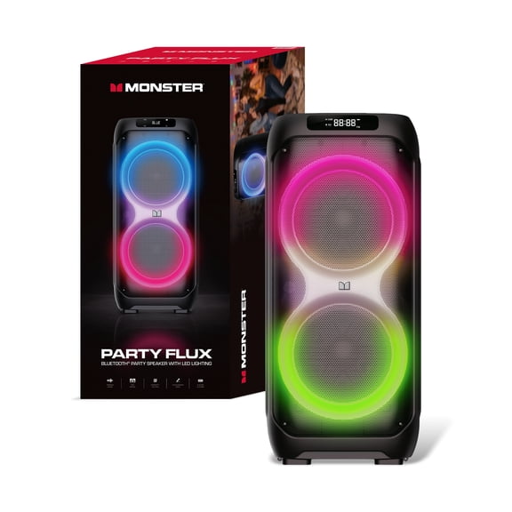 Monster Party Flux Portable Bluetooth Party Speaker, 200W Peak Power, Dual 8-Inch Drivers, RGB LED Lights, Karaoke Mode, TWS Pairing, IPX5 Water Resistant, 6-Hour Battery, Black